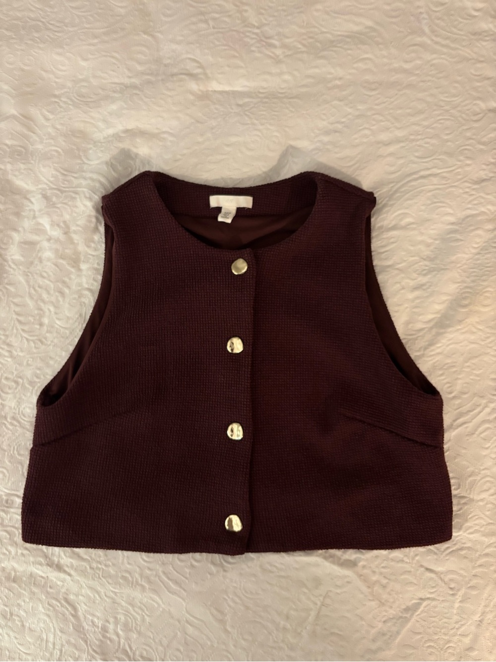 H&M Textured Cropped Vest in Burgundy with Gold Button